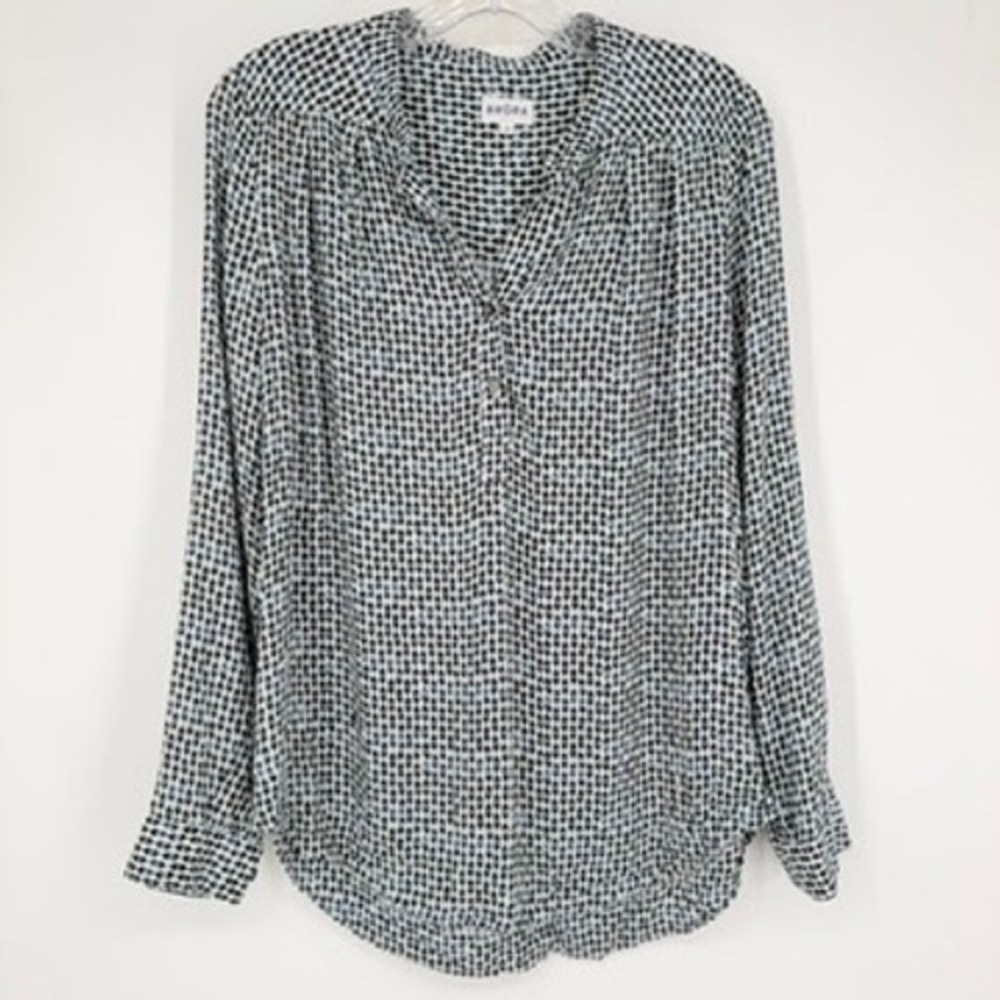Brora V-Neck Top Navy White Geometric Print Viscose Long Sleeve Blouse US 6